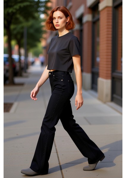 Kadın Koyu Yüksek Bel Flare Denim Pantolon Fonksiyonel Dayanıklı Kaliteli Konforlu Estetik