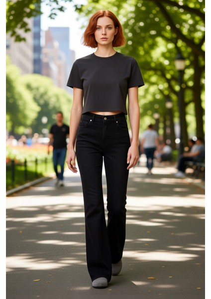 Kadın Koyu Yüksek Bel Flare Denim Pantolon Fonksiyonel Dayanıklı Kaliteli Konforlu Estetik modelleri