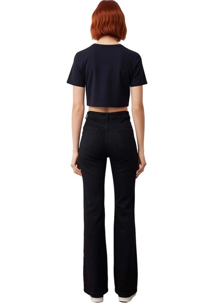 Kadın Koyu Yüksek Bel Flare Denim Pantolon Fonksiyonel Dayanıklı Kaliteli Konforlu Estetik indirimleri