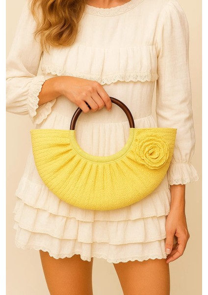 Yarım Ay Desen Kağıt Ip Tığ Işi El Örgüsü Çanta