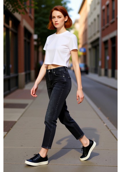 Kadın Antrasit Yüksek Bel Mom Jean Pantolon Fonksiyonel Dayanıklı Kaliteli Konforlu Modern