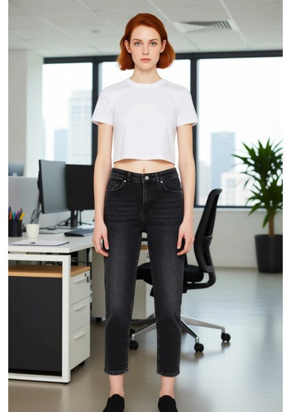 Kadın Antrasit Yüksek Bel Mom Jean Pantolon Fonksiyonel Dayanıklı Kaliteli Konforlu Modern fiyatları