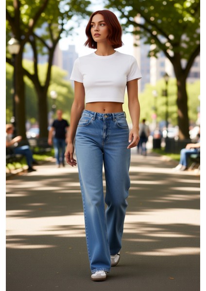 Kadın Comfort Fit Geniş Paça Jean Pantolon Fonksiyonel Dayanıklı Kaliteli Konforlu Estetik fırsatları