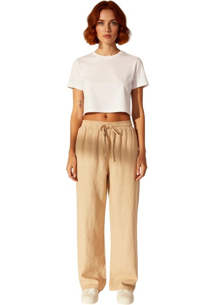 Kadın Yüksek Bel Bol Kesim Keten Pantolon Fonksiyonel Dayanıklı Kaliteli Konforlu Estetik Şık