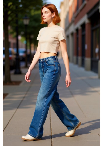 Kadın Yüksek Bel Wide Leg Denim Pantolon Fonksiyonel Dayanıklı Kaliteli Konforlu Estetik Şık