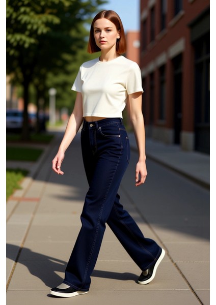 Kadın Koyu Straight Kesim Denim Pantolon Fonksiyonel Dayanıklı Kaliteli Konforlu Estetik Şık
