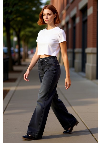 Kadın Antrasit Yüksek Bel Geniş Paça Denim Pantolon Fonksiyonel Dayanıklı Kaliteli Estetik