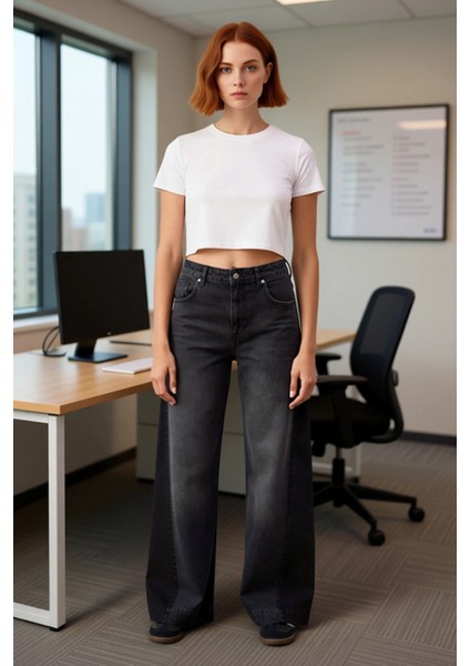 Kadın Antrasit Yüksek Bel Geniş Paça Denim Pantolon Fonksiyonel Dayanıklı Kaliteli Estetik fiyatları