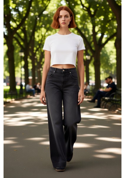 Kadın Antrasit Yüksek Bel Geniş Paça Denim Pantolon Fonksiyonel Dayanıklı Kaliteli Estetik modelleri