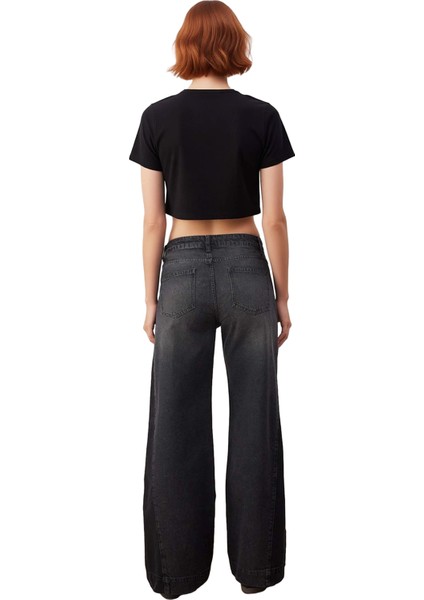 Kadın Antrasit Yüksek Bel Geniş Paça Denim Pantolon Fonksiyonel Dayanıklı Kaliteli Estetik indirimleri