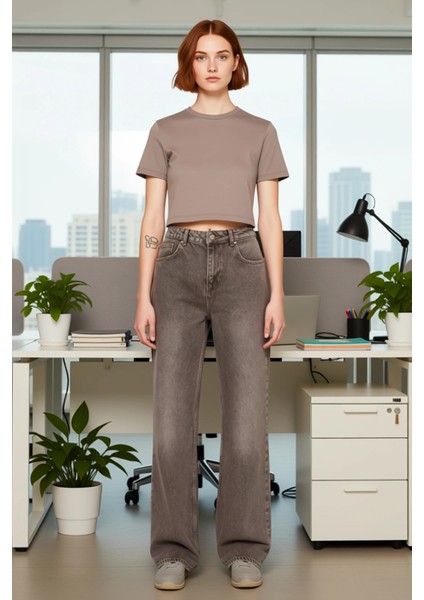 Kadın Antrasit Vintage Yıkama Geniş Paça Jean Pantolon Fonksiyonel Dayanıklı Kaliteli Spor fiyatları