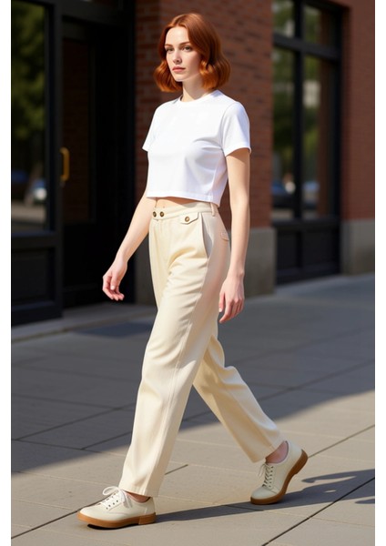 Kadın Yüksek Bel Geniş Paça Keten Pantolon Kemer Detaylı Fonksiyonel Dayanıklı Kaliteli Şık indirimleri