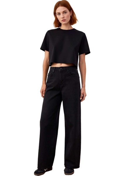 Kadın Yüksek Bel Bol Paça Denim Pantolon Fonksiyonel Dayanıklı Kaliteli Konforlu Estetik Şık