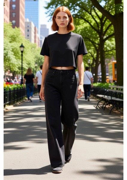 Kadın Yüksek Bel Bol Paça Denim Pantolon Fonksiyonel Dayanıklı Kaliteli Konforlu Estetik Şık fırsatları