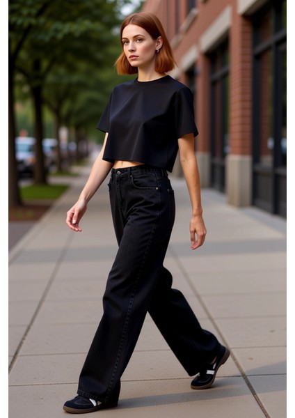 Kadın Yüksek Bel Bol Paça Denim Pantolon Fonksiyonel Dayanıklı Kaliteli Konforlu Estetik Şık indirimleri