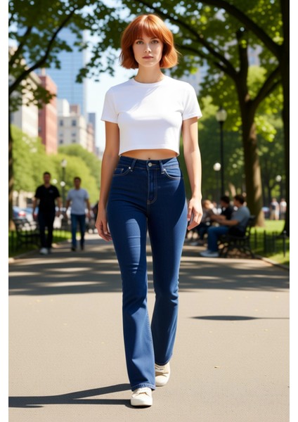 Kadın Yüksek Bel Ispanyol Paça Koyu Denim Pantolon Fonksiyonel Dayanıklı Kaliteli Konforlu modelleri