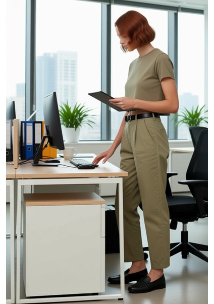 Kadın Haki Yüksek Bel Kemerli Boru Paça Pantolon Fonksiyonel Dayanıklı Kaliteli Konforlu Şık