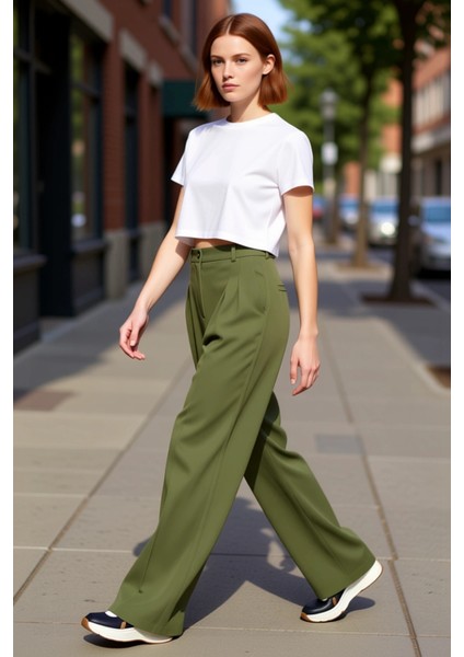 Kadın Haki Wide Leg Pilili Pantolon Fonksiyonel Dayanıklı Kaliteli Konforlu Estetik Modern modelleri