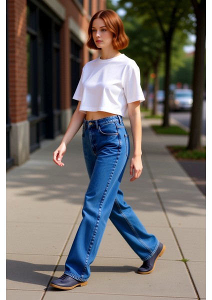 Kadın Geniş Paça Dikiş Detaylı Denim Pantolon Fonksiyonel Dayanıklı Kaliteli Konforlu Spor