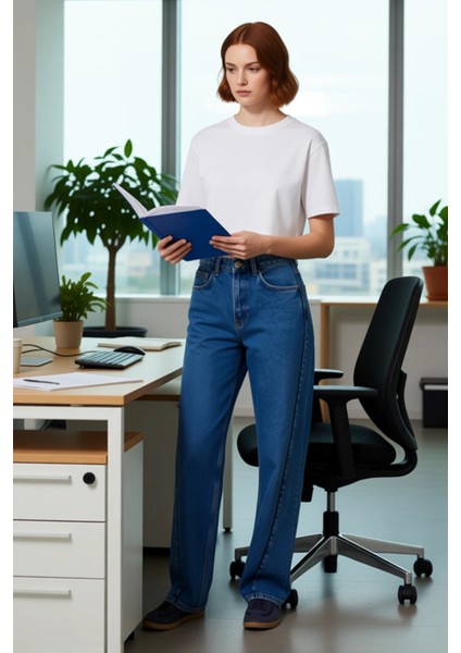 Kadın Geniş Paça Dikiş Detaylı Denim Pantolon Fonksiyonel Dayanıklı Kaliteli Konforlu Spor fiyatları