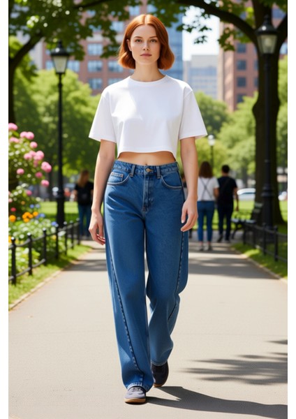 Kadın Geniş Paça Dikiş Detaylı Denim Pantolon Fonksiyonel Dayanıklı Kaliteli Konforlu Spor modelleri