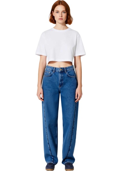 Kadın Geniş Paça Dikiş Detaylı Denim Pantolon Fonksiyonel Dayanıklı Kaliteli Konforlu Spor fırsatları