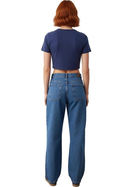 Kadın Geniş Paça Dikiş Detaylı Denim Pantolon Fonksiyonel Dayanıklı Kaliteli Konforlu Spor indirimleri