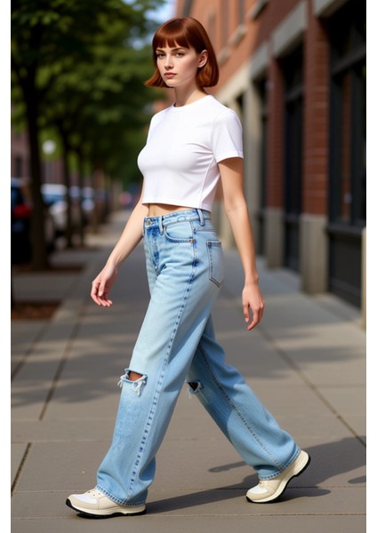 Kadın Açık Yırtık Detaylı Yüksek Bel Geniş Paça Jean Pantolon Fonksiyonel Dayanıklı Modern