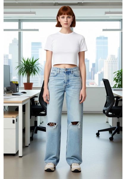 Kadın Açık Yırtık Detaylı Yüksek Bel Geniş Paça Jean Pantolon Fonksiyonel Dayanıklı Modern fiyatları