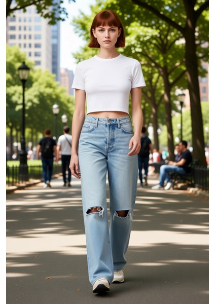 Kadın Açık Yırtık Detaylı Yüksek Bel Geniş Paça Jean Pantolon Fonksiyonel Dayanıklı Modern modelleri