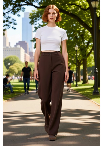 Kadın Koyu Kahve Geniş Paça Yüksek Bel Dokuma Pantolon Fonksiyonel Dayanıklı Kaliteli Spor fiyatları