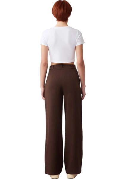 Kadın Koyu Kahve Geniş Paça Yüksek Bel Dokuma Pantolon Fonksiyonel Dayanıklı Kaliteli Spor indirimleri
