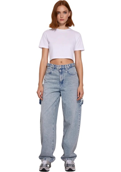 Genç Kadın Için Açık Bol Paça Yüksek Bel Denim Pantolon Fonksiyonel Dayanıklı Kaliteli Şık