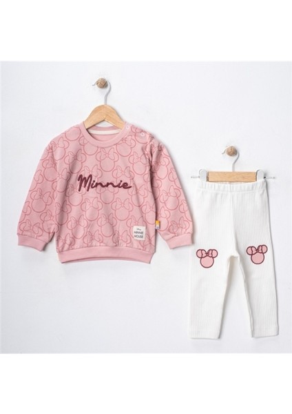 6-24 Ay Minnie Mouse Baskılı Fiyonk Desenli Kız Bebek Taytlı Takım | Mevsimlik