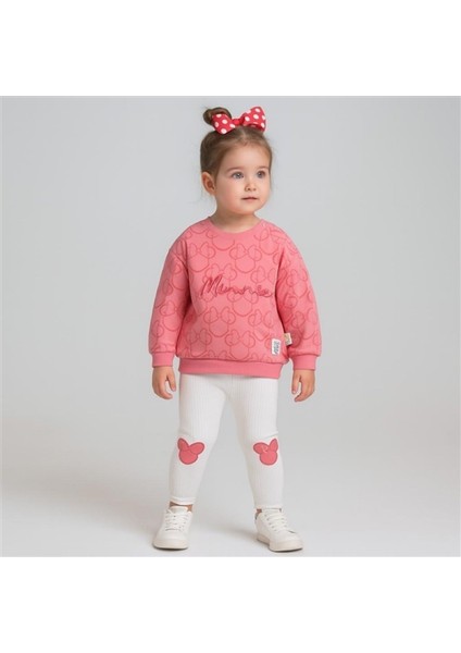 6-24 Ay Minnie Mouse Baskılı Fiyonk Desenli Kız Bebek Taytlı Takım | Mevsimlik