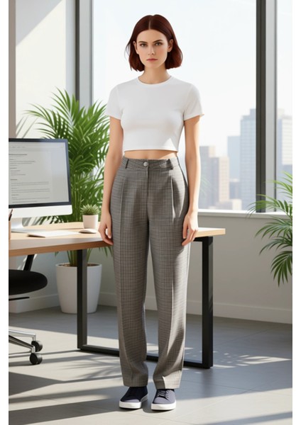 Kadın Kareli Dokuma Pantolon Geniş Paça Fonksiyonel Dayanıklı Kaliteli Konforlu Estetik Şık