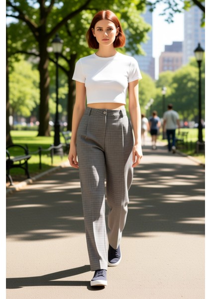 Kadın Kareli Dokuma Pantolon Geniş Paça Fonksiyonel Dayanıklı Kaliteli Konforlu Estetik Şık fiyatları