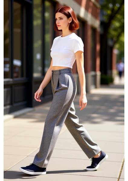 Kadın Kareli Dokuma Pantolon Geniş Paça Fonksiyonel Dayanıklı Kaliteli Konforlu Estetik Şık modelleri