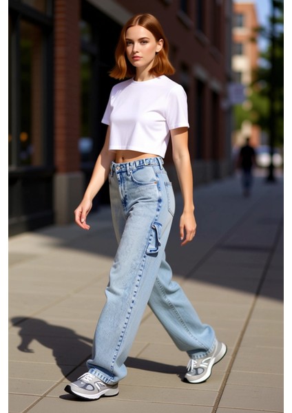 Genç Kadın Için Açık Bol Paça Yüksek Bel Denim Pantolon Fonksiyonel Dayanıklı Kaliteli Şık indirimleri