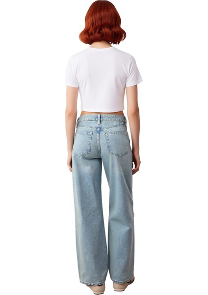 Kadın Açık Yırtık Detaylı Yüksek Bel Geniş Paça Jean Pantolon Fonksiyonel Dayanıklı Modern indirimleri