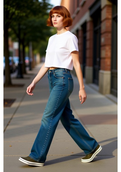 Kadın Yüksek Bel Dökümlü Liyosel Karışımlı Geniş Paça Kot Pantolon Fonksiyonel Dayanıklı Şık