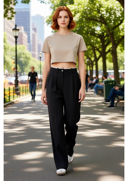 Kadın Yüksek Bel Geniş Paça Dokuma Pantolon Fonksiyonel Dayanıklı Kaliteli Konforlu Modern modelleri