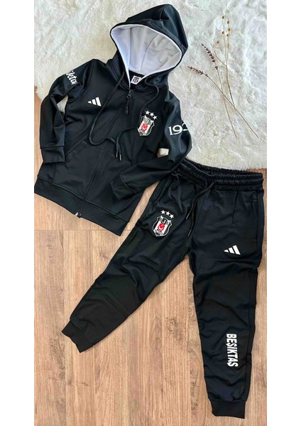 Beşiktaş -Kapşonlu Çocuk 3 Iplik Eşofman Takımı - Siyah