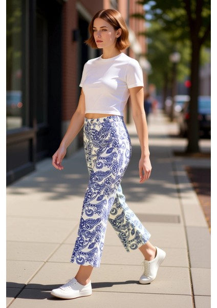 Kadın Etnik Desenli Culotte Denim Pantolon Fonksiyonel Dayanıklı Kaliteli Konforlu Estetik indirimleri