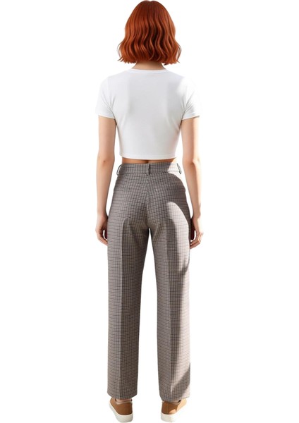 Kadın Kareli Dokuma Pantolon Geniş Paça Fonksiyonel Dayanıklı Kaliteli Konforlu Estetik Şık indirimleri