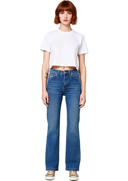 Kadın Yüksek Bel Geniş Paça Denim Pantolon Fonksiyonel Dayanıklı Kaliteli Konforlu Estetik