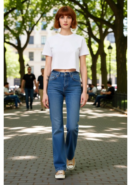 Kadın Yüksek Bel Geniş Paça Denim Pantolon Fonksiyonel Dayanıklı Kaliteli Konforlu Estetik fırsatları