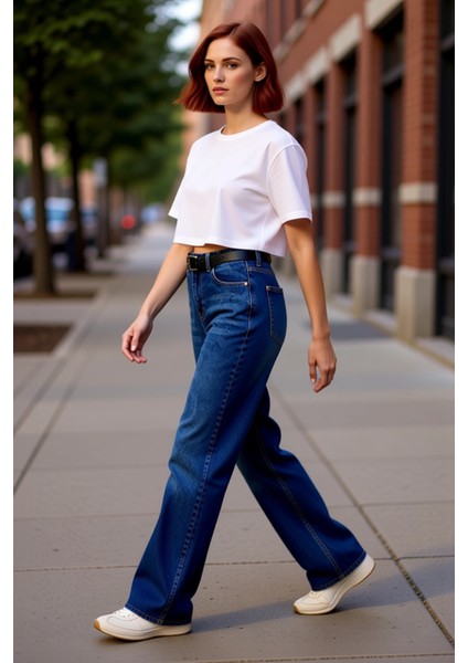Kadın Koyu Yüksek Bel Geniş Paça Denim Pantolon Fonksiyonel Dayanıklı Kaliteli Konforlu Şık