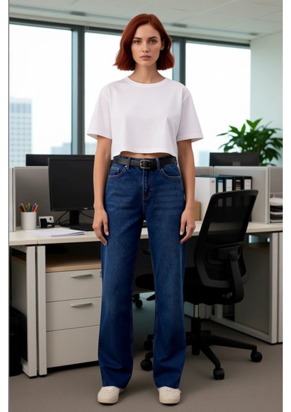 Kadın Koyu Yüksek Bel Geniş Paça Denim Pantolon Fonksiyonel Dayanıklı Kaliteli Konforlu Şık fiyatları