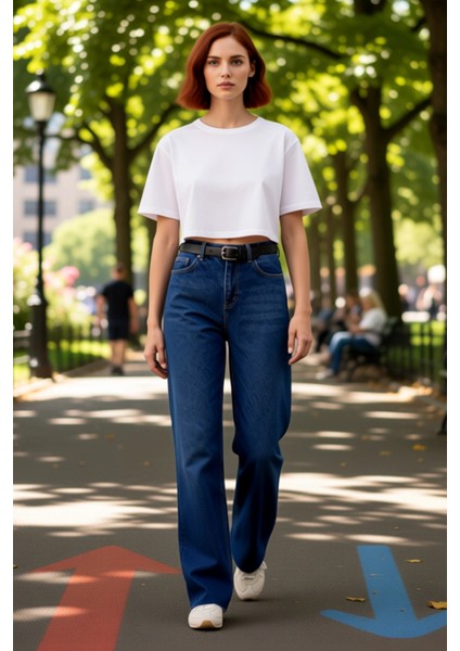 Kadın Koyu Yüksek Bel Geniş Paça Denim Pantolon Fonksiyonel Dayanıklı Kaliteli Konforlu Şık modelleri